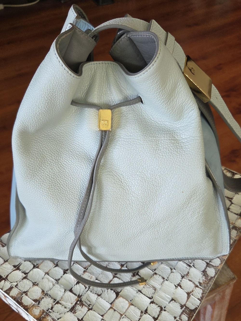 MCM Light Blue Pebbled Leather Drawstring Shoulder Bag with Gold Hardware